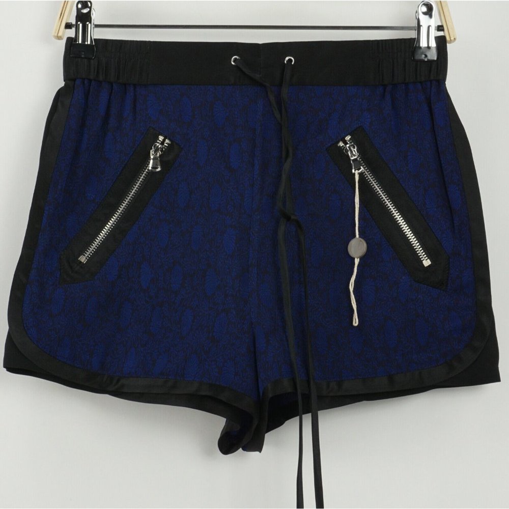 New Phillip Lim Damask Womens Sizes 00 / 8 Blue Black Satin Trim Jacquard Shorts